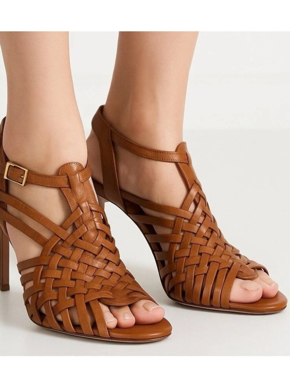 Tory Burch Nadia Brown Woven Leather Huarache Sandals Heels Size 9M Logo